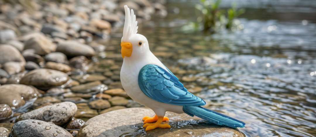 Una figura de pájaro con el cuerpo blanco, las alas y la cola azules y el pico naranja se posa sobre una piedra mojada de río junto al agua.