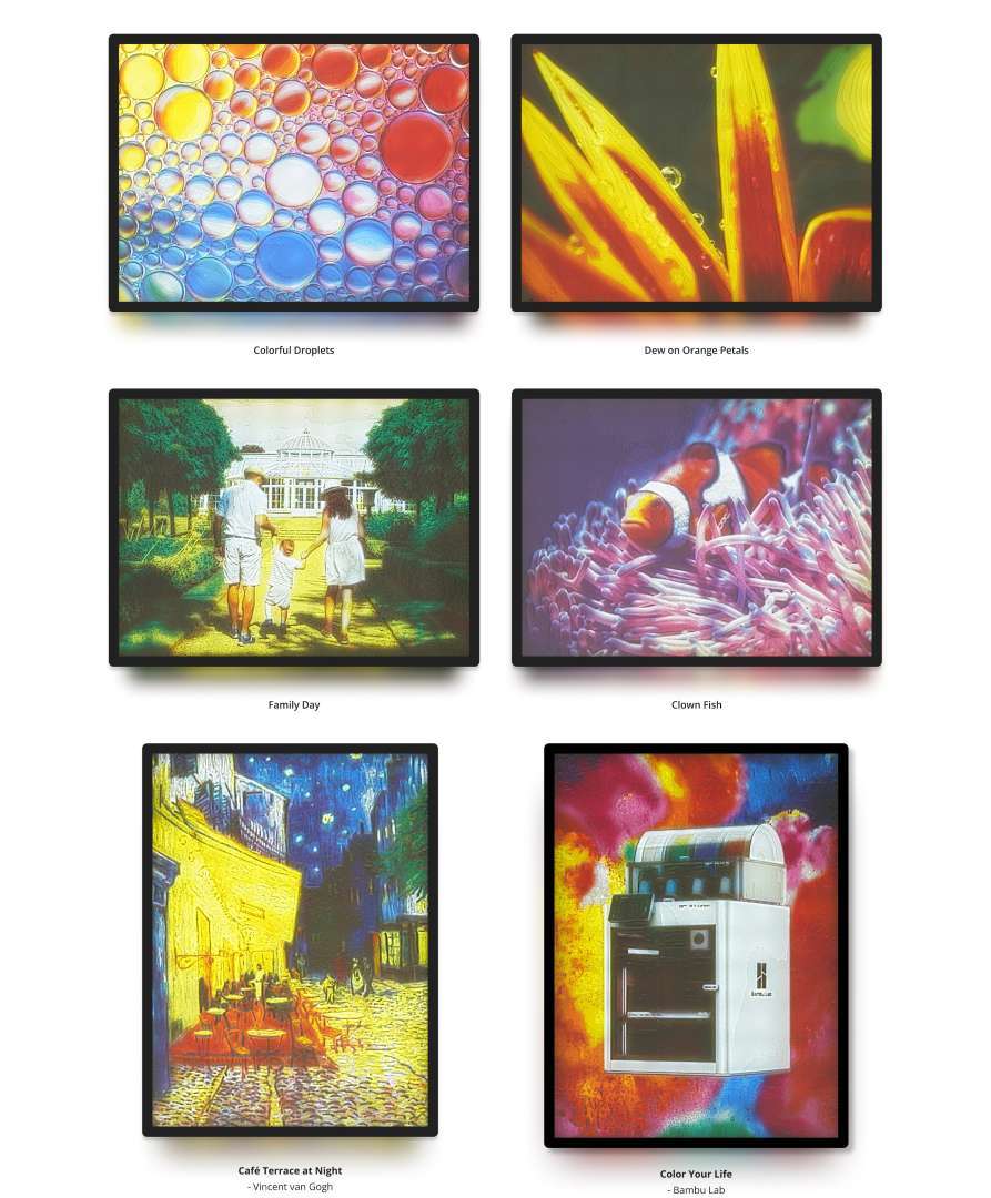 Seis paneles de arte impresos y enmarcados con fotografía macro, escena familiar, reproducción de Van Gogh y gráfico de impresora 3D