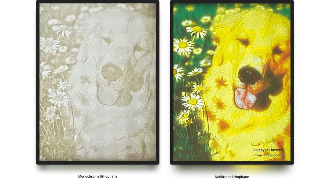 Comparativa lado a lado de litofanías impresas en 3D en monocromo y en multicolor con un perro entre margaritas