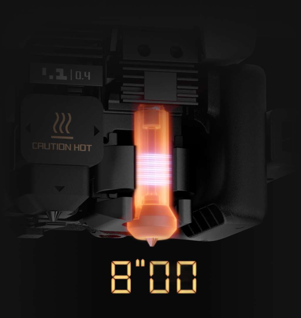 Corte del hotend Bambu Lab H2C, incandescente de color naranja durante el ciclo de calentamiento