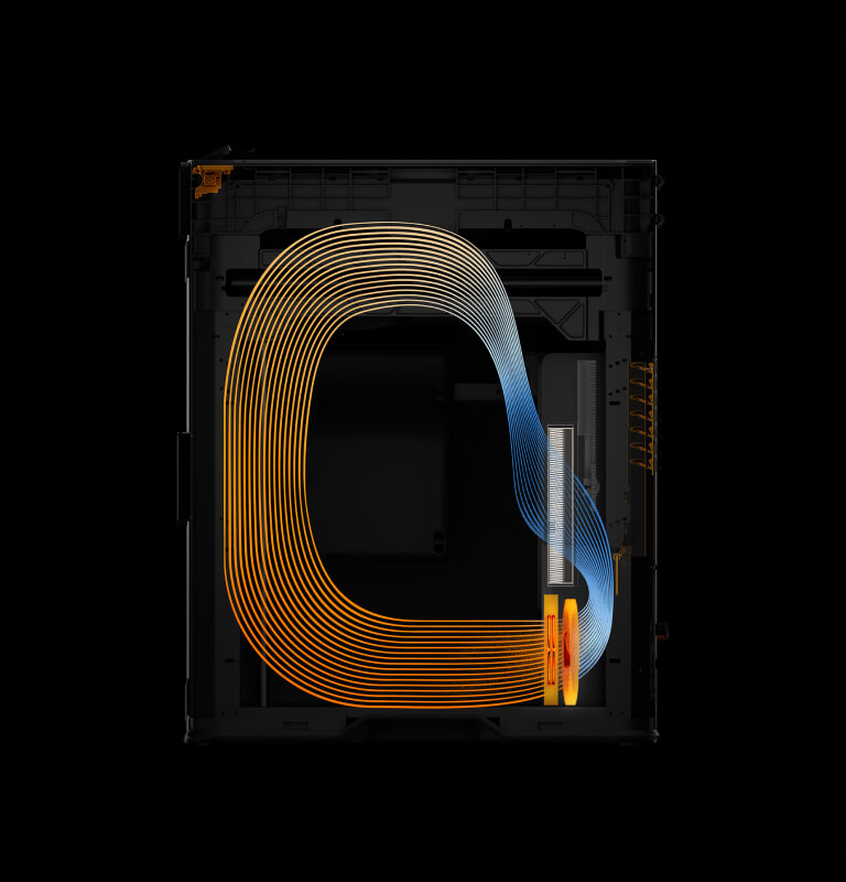 Impresora 3D Bambu Lab H2S Combo, que utiliza una cámara sellada, filtro de aire y calentador para recircular el aire, estabilizar altas temperaturas y prevenir la deformación de piezas grandes.