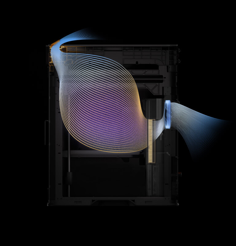 Impresora 3D Bambu Lab H2S Combo con ventilación superior que se abre para suministrar aire frío, permitiendo imprimir PLA y PETG, y mejorando la calidad de los elementos en voladizo.