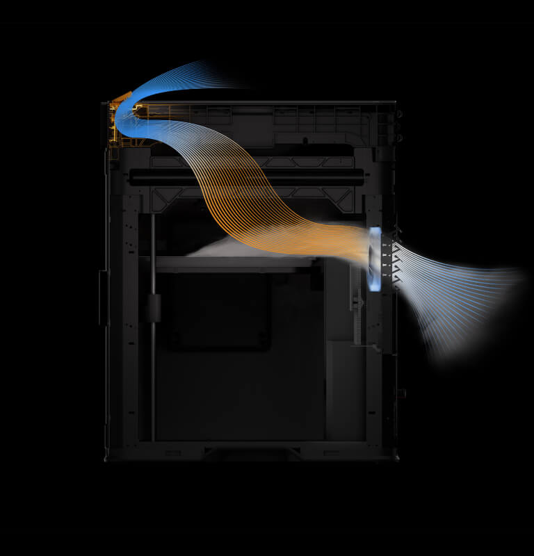 Impresora 3D Bambu Lab H2S Combo, cuya ventilación superior y compuerta del filtro se abren para una eliminación eficiente de emisiones de corte y grabado láser, asegurando un espacio de trabajo seguro.