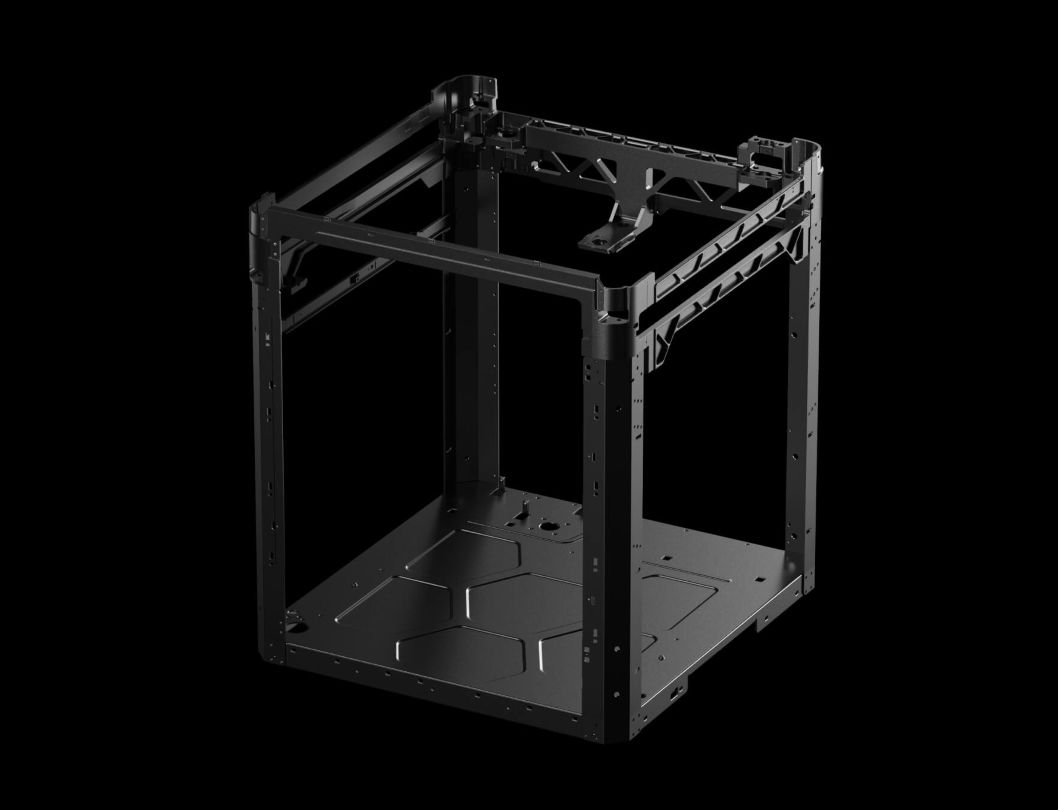 Impresora 3D Bambu Lab H2S Combo con un chasis completamente metálico, fundido de aleación de aluminio, que proporciona una base sólida y estable para impresión de alta velocidad y gran formato.