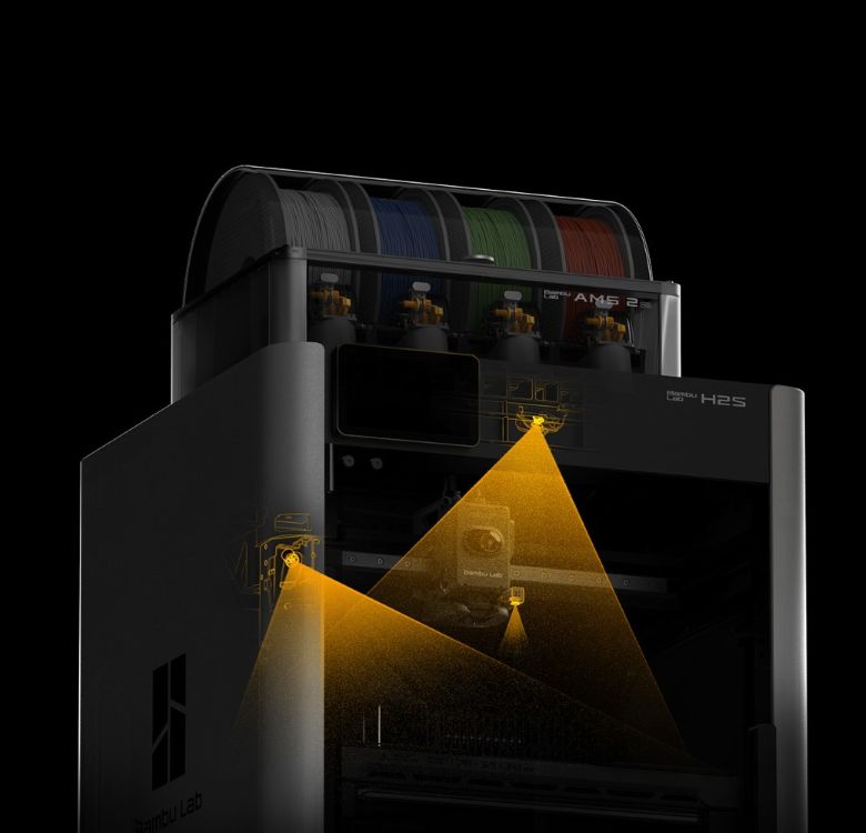 Impresora 3D Bambu Lab H2S Combo con sistema de visión técnica que detecta grumos, 'espaguetis' y obstrucciones del conducto para limpieza, evitando impresiones fallidas. Este sistema también asegura la calibración láser y mejora la precisión de posicionamiento.