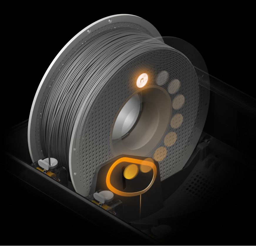 Sistema Bambu Lab AMS 2 Pro, que utiliza tecnología RFID para seleccionar automáticamente la configuración de secado, eliminando la necesidad de entrada manual.