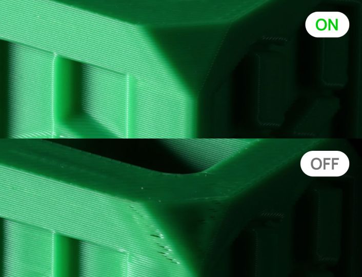 Impresora 3D Bambu Lab H2S Combo, que utiliza las capacidades de los motores sensores del extrusor y sensores de corrientes parásitas de alta resolución para controlar la extrusión, asegurando suavidad en la superficie y nitidez en los bordes.