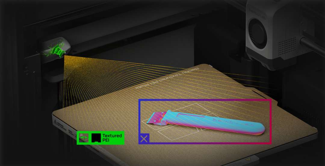 Sobreposição de uma grelha laser de pontos numa faca multicolor impressa sobre uma mesa texturizada PEI