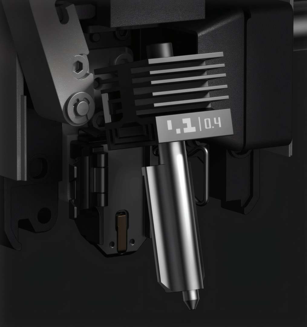 Plano aproximado do módulo hotend do P2S com nervuras do dissipador e etiqueta de tamanho 1,1/0,4 mm