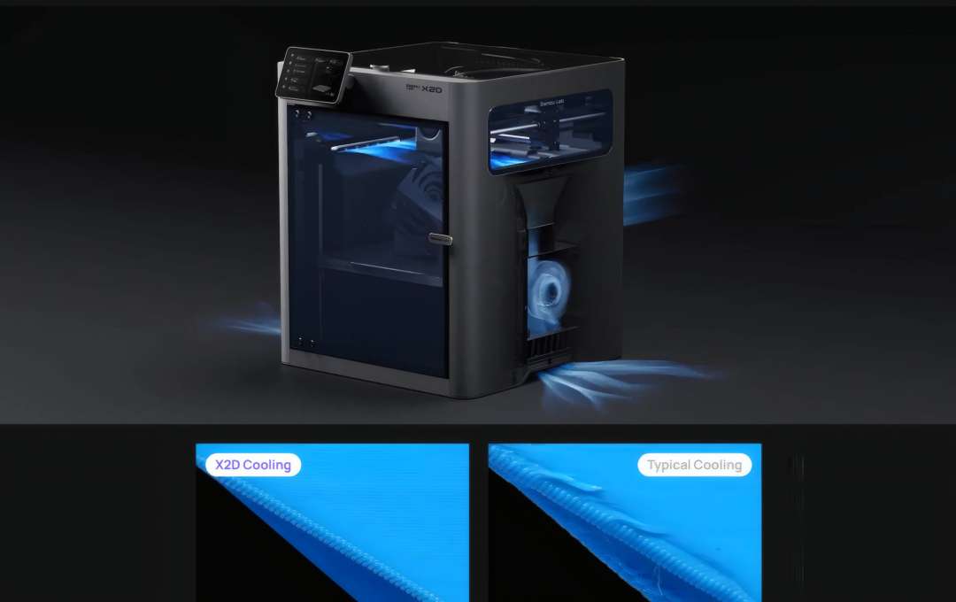 Колаж порівнює гладку надруковану деталь під написом X2D Cooling та деталь із нерівними краями під написом Typical Cooling