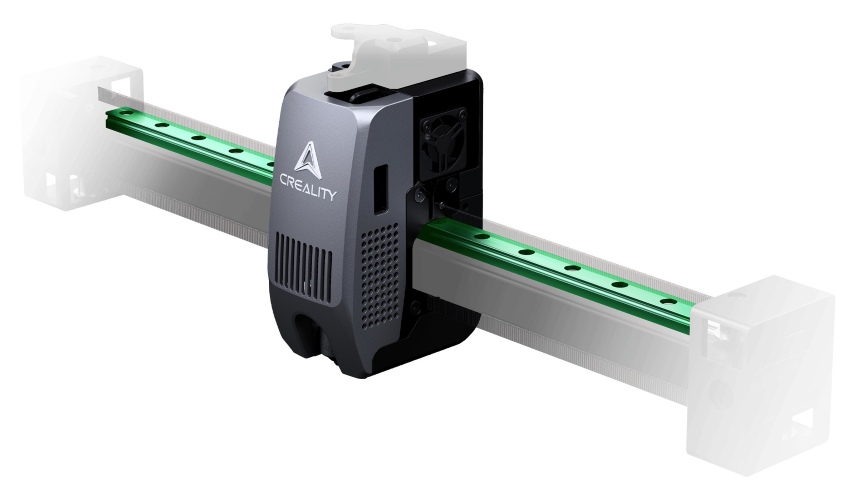 Primer plano del raíl de acero del eje X