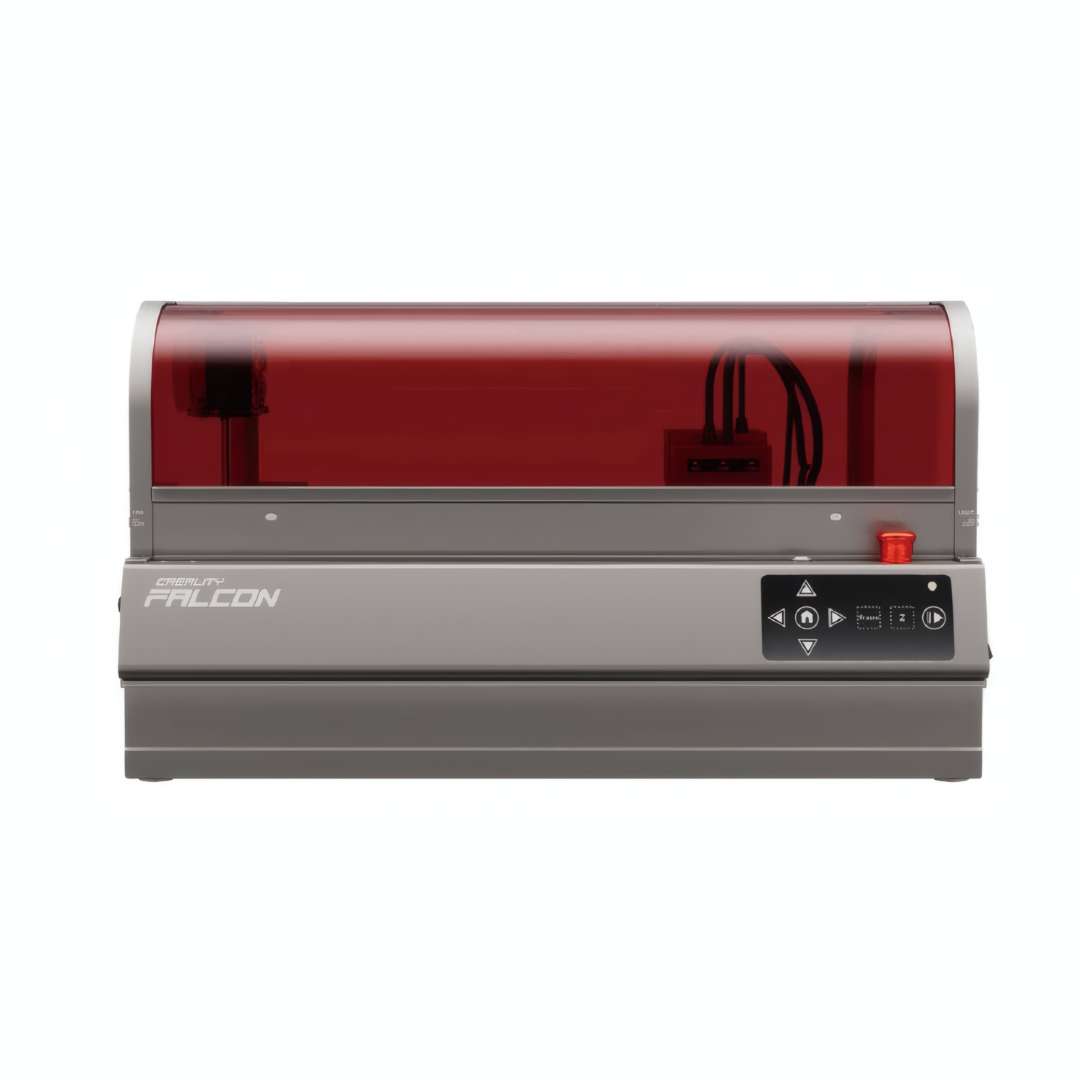 Grabadora láser de diodo cerrada Creality Falcon2 Pro S 22W — vista frontal de estudio con cubierta de seguridad roja translúcida curvada, logotipo FALCON en panel frontal e interfaz de control lateral con botón de parada de emergencia