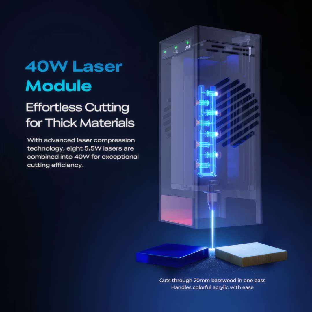 Diagrama seccionado del módulo láser de 40W del Creality Falcon2 Pro S que muestra ocho láseres de diodo de 5,5W combinados en un único haz que corta 20mm de madera en un solo paso