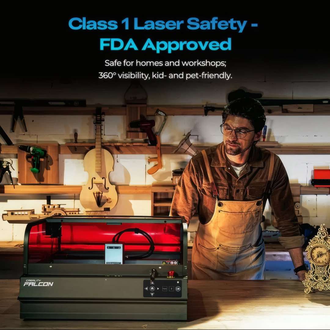 Artesano operando el Creality Falcon2 Pro S en un taller de madera sin gafas láser, demostrando la certificación de seguridad cerrada FDA Class 1
