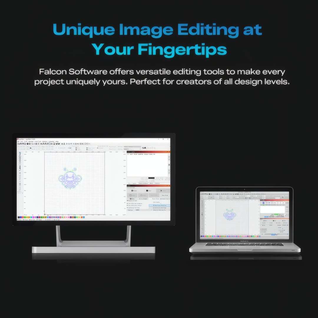 Herramientas de edición de imágenes de Falcon Design Space mostradas en un monitor de escritorio y un MacBook, con compatibilidad con Windows y macOS