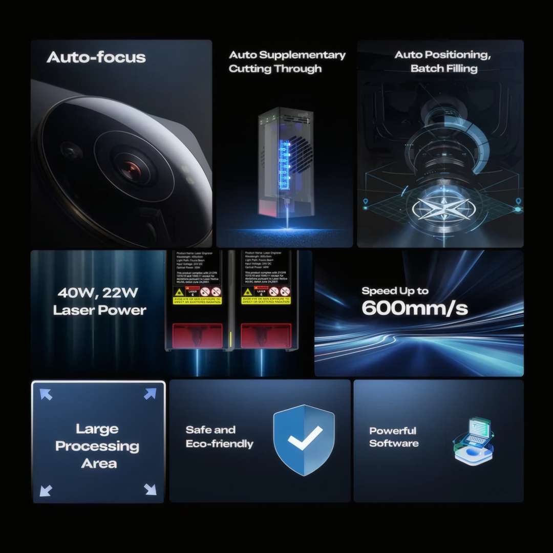 Cuadrícula de características del Creality Falcon2 Pro S: enfoque automático, corte automático, relleno por lotes, potencia 40W y 22W, 600mm/s, área grande, seguridad y programa Falcon Design Space