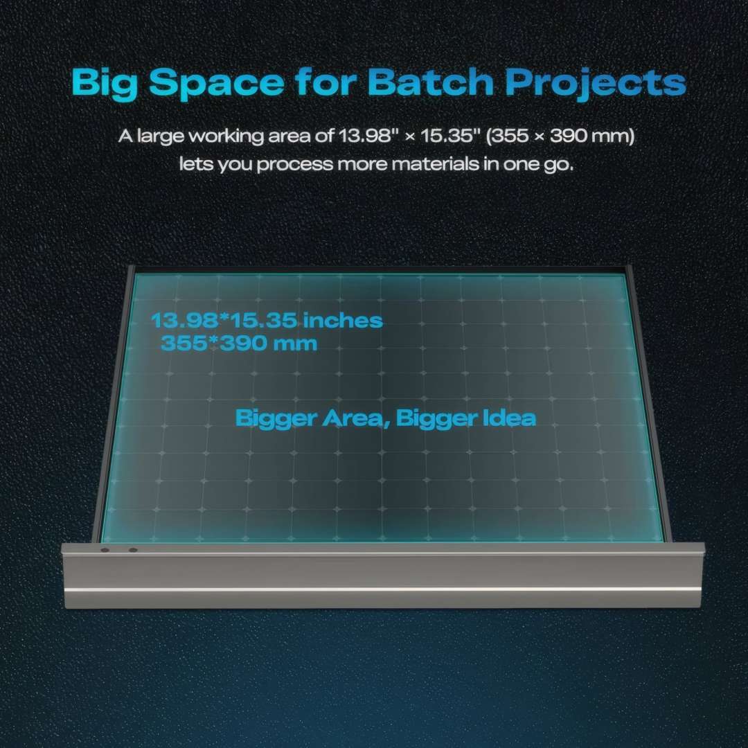 Diagrama del área de trabajo del Creality Falcon2 Pro S con la mesa de grabado de 355×390 mm y cuadrícula de alineación