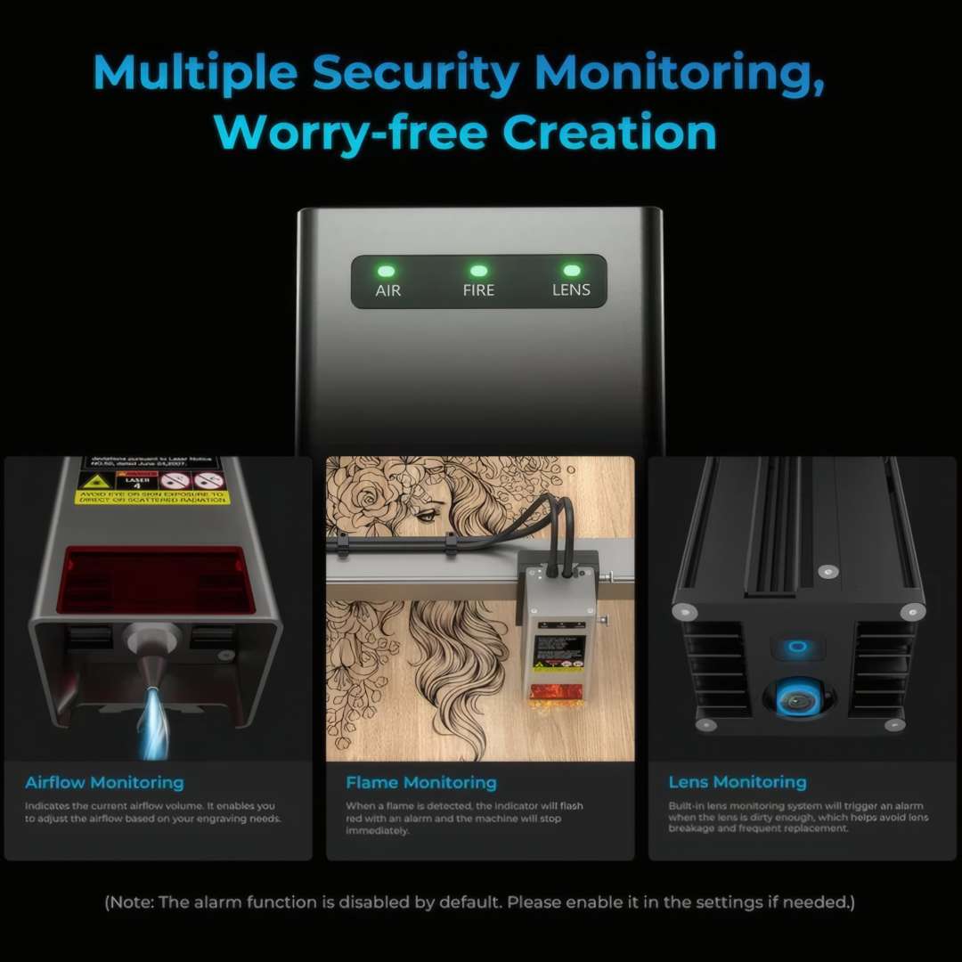 Panel de monitorización de seguridad del Creality Falcon2 Pro S mostrando indicadores de estado verde AIR, FIRE y LENS, con vistas detalladas de la tobera de flujo de aire, la detección de llama y el sensor de estado de la lente