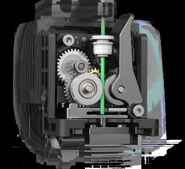 Primer plano del duradero extrusor de accionamiento directo con engranajes de acero endurecido.