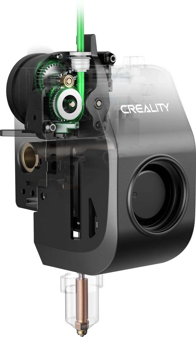 Vista en corte del extrusor de la K2 SE, mostrando los engranajes internos y el filamento.