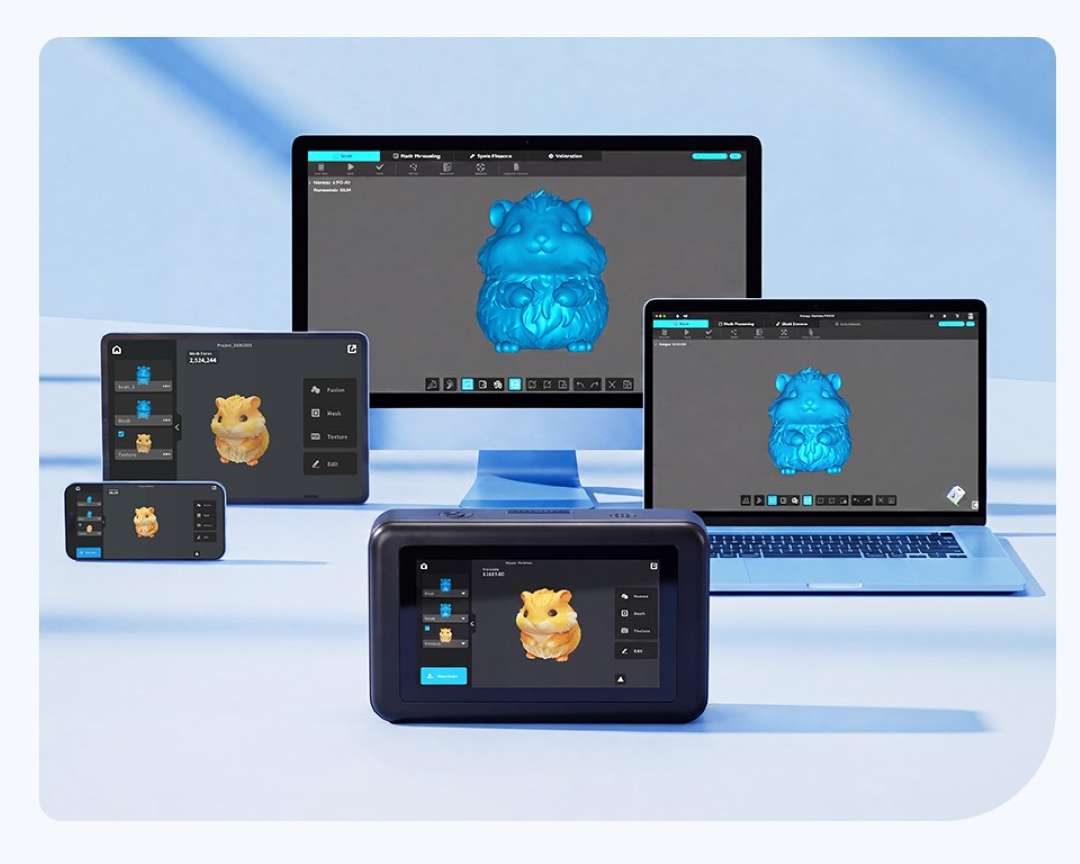 Cinco pantallas de distinto tamaño muestran el modelo de un hámster: en el monitor y el portátil es azul y de malla, y en la tableta, el smartphone y el dispositivo negro con pantalla táctil tiene una textura naranja.