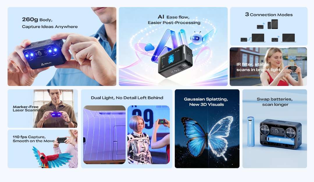 Selección de fotos pequeñas en las que unas personas sostienen un escáner compacto con emisores láser azules; al lado se ven la pantalla del dispositivo, una batería intercambiable y ejemplos de visualización 3D, entre ellos una mariposa.