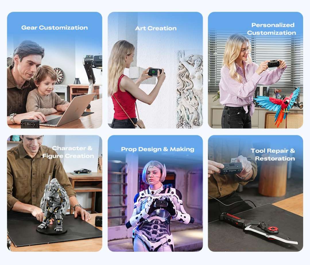 Seis fotos en las que unas personas sostienen un escáner compacto o trabajan con él: un padre con su hijo ante un portátil, unas chicas fotografiando un bajorrelieve y un loro brillante, un hombre escaneando la figura de un robot, una cosplayer con traje blanco y un artesano sobre una herramienta.