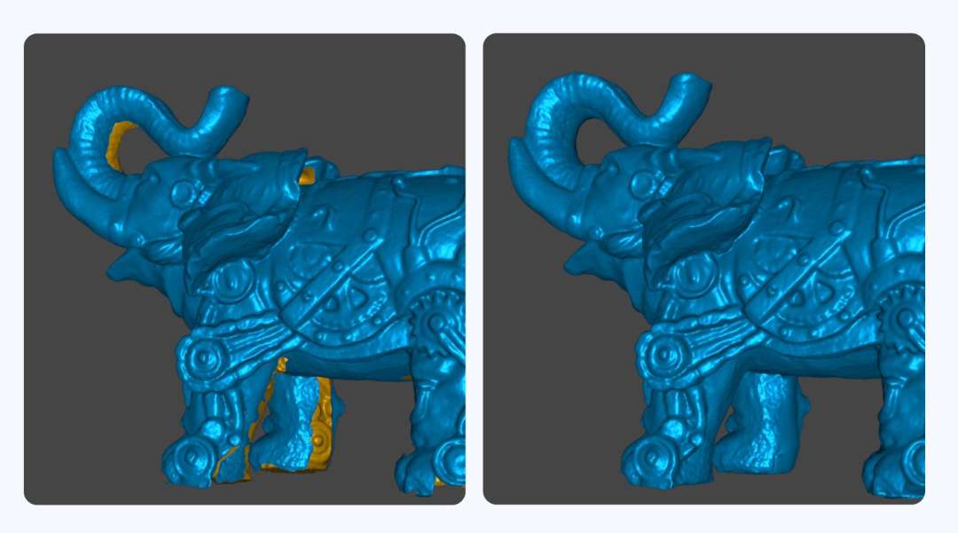 Dos modelos 3D azules de un elefante con armadura steampunk: en el izquierdo se aprecian zonas amarillas en la trompa y en la pata delantera; en el derecho, la superficie es continua.