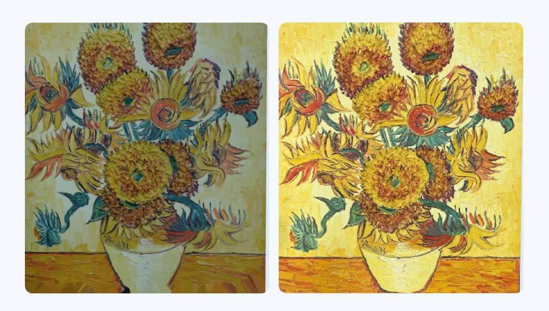 Dos imágenes idénticas de un óleo con girasoles en un jarrón blanco sobre fondo amarillo: la izquierda, más apagada y suave; la derecha, más saturada, con pinceladas más expresivas.