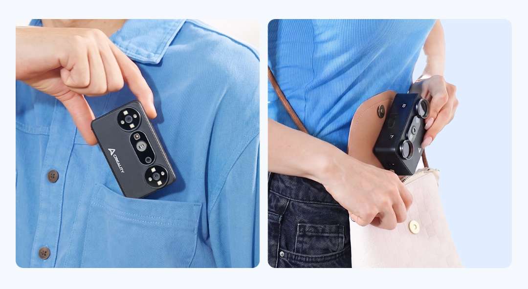 Dos fotografías: una mano mete en el bolsillo de una camisa azul un pequeño aparato negro con el logotipo de Creality y objetivos circulares, y en la segunda una chica lo guarda en un bolso rosa.