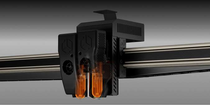 Primer plano del hotend de nueva generación de la CreatBot D1000 Pro HS, mostrando su capacidad de 420°C y un caudal récord de 90 mm³/s para impresión de alta velocidad.
