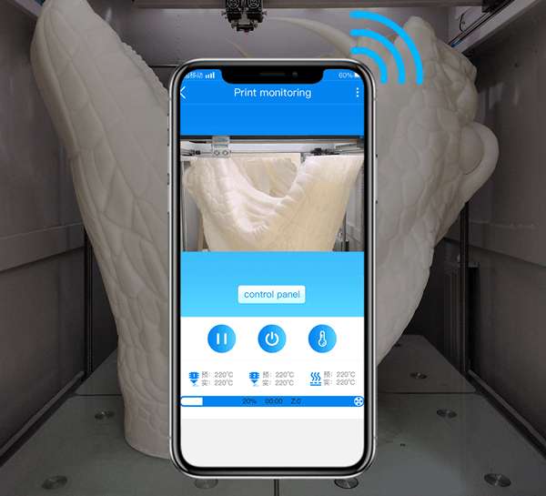 Interfaz que muestra la tecnología de control por cámara para la CreatBot D1000 Pro HS, lo que permite el monitoreo remoto y ajustes de impresión en tiempo real a través de una aplicación.