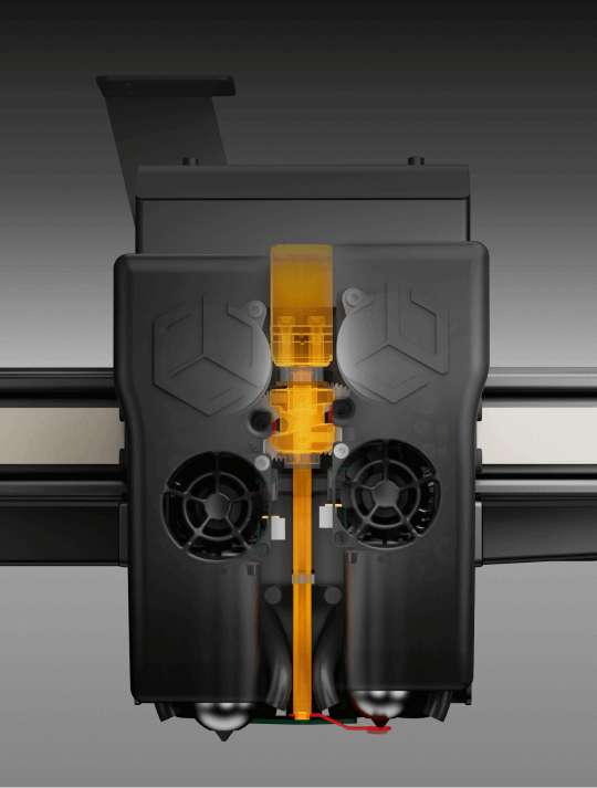 Diagrama que demuestra la impresión con reanudación automática de doble boquilla de la CreatBot D1000 Pro HS y la sincronización automática para una producción ininterrumpida.