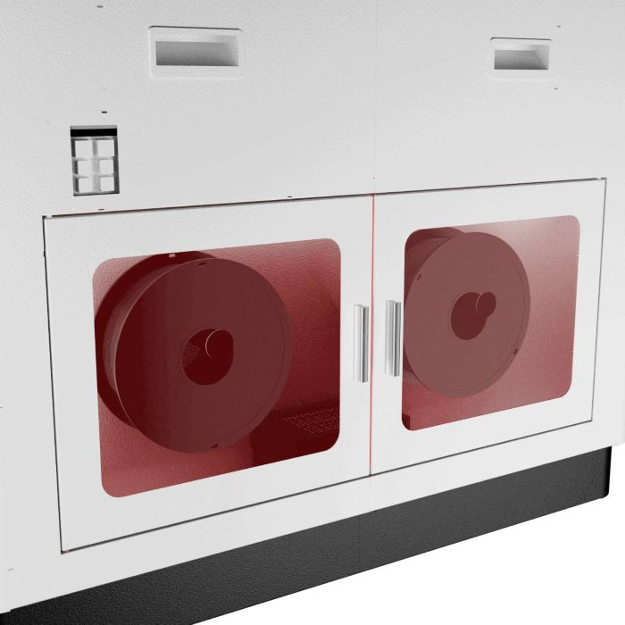 Sala de secado de filamento integrada de la CreatBot D1000 Pro HS, diseñada para secar dos rollos de filamento de 5 kg a 45°C y 65°C para una calidad de impresión óptima.