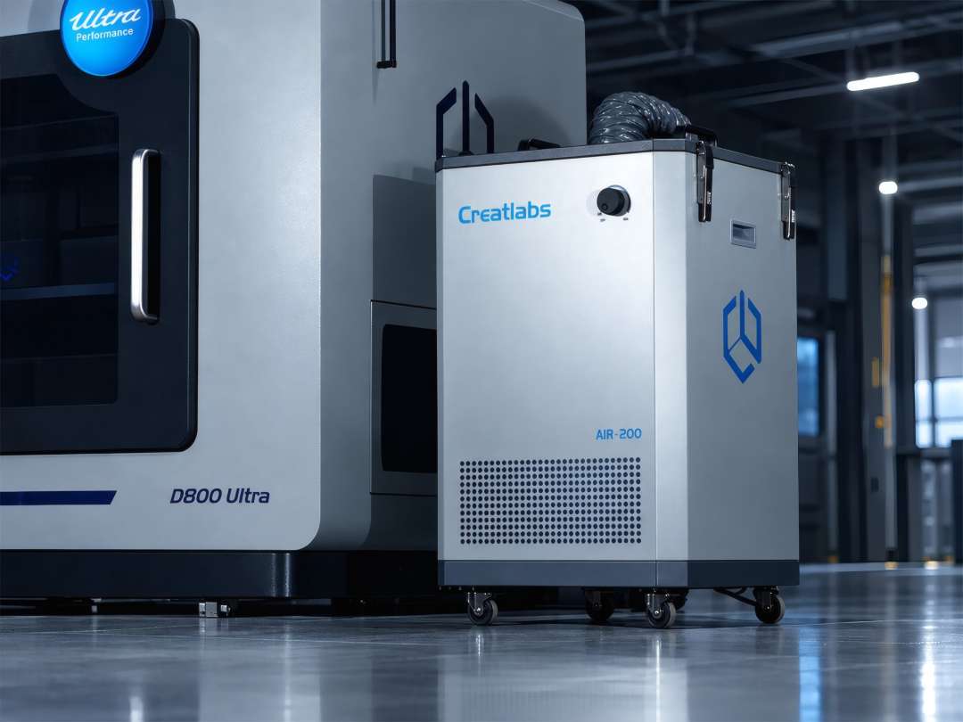La unidad del sistema de filtración sobre ruedas se encuentra junto a la impresora 3D.