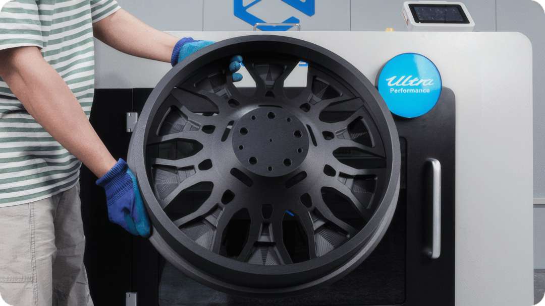 Un usuario sostiene una gran pieza negra impresa en 3D en forma de llanta de rueda frente a la carcasa de la impresora 3D.