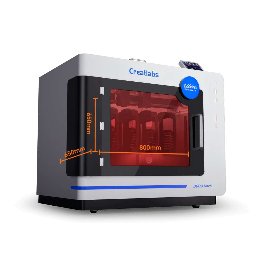 Impresora 3D Creatlabs D800 Ultra con demostración del volumen de construcción de 800 por 650 por 650 milímetros