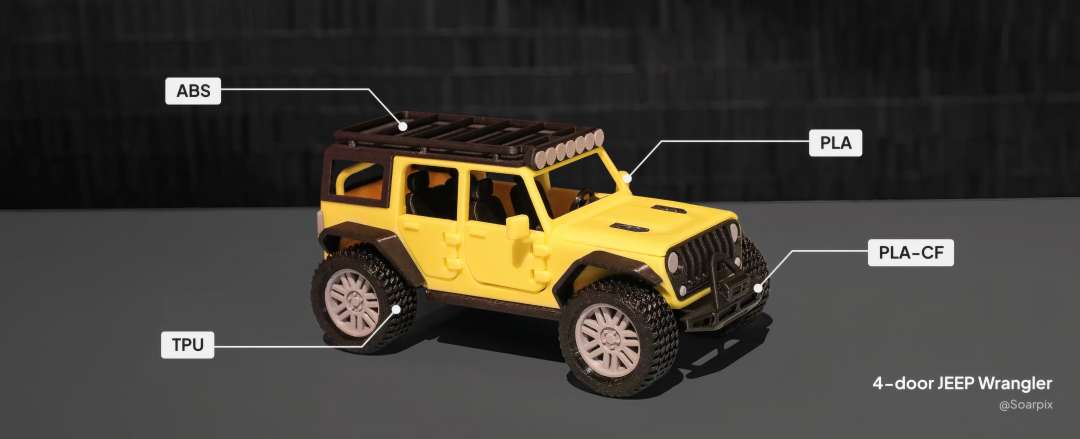 Modelo multicolor de un Jeep Wrangler impreso con varios materiales