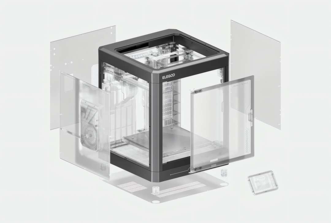 Estructura desmontada de la impresora 3D cerrada con bastidor, paneles laterales y plataforma de impresión