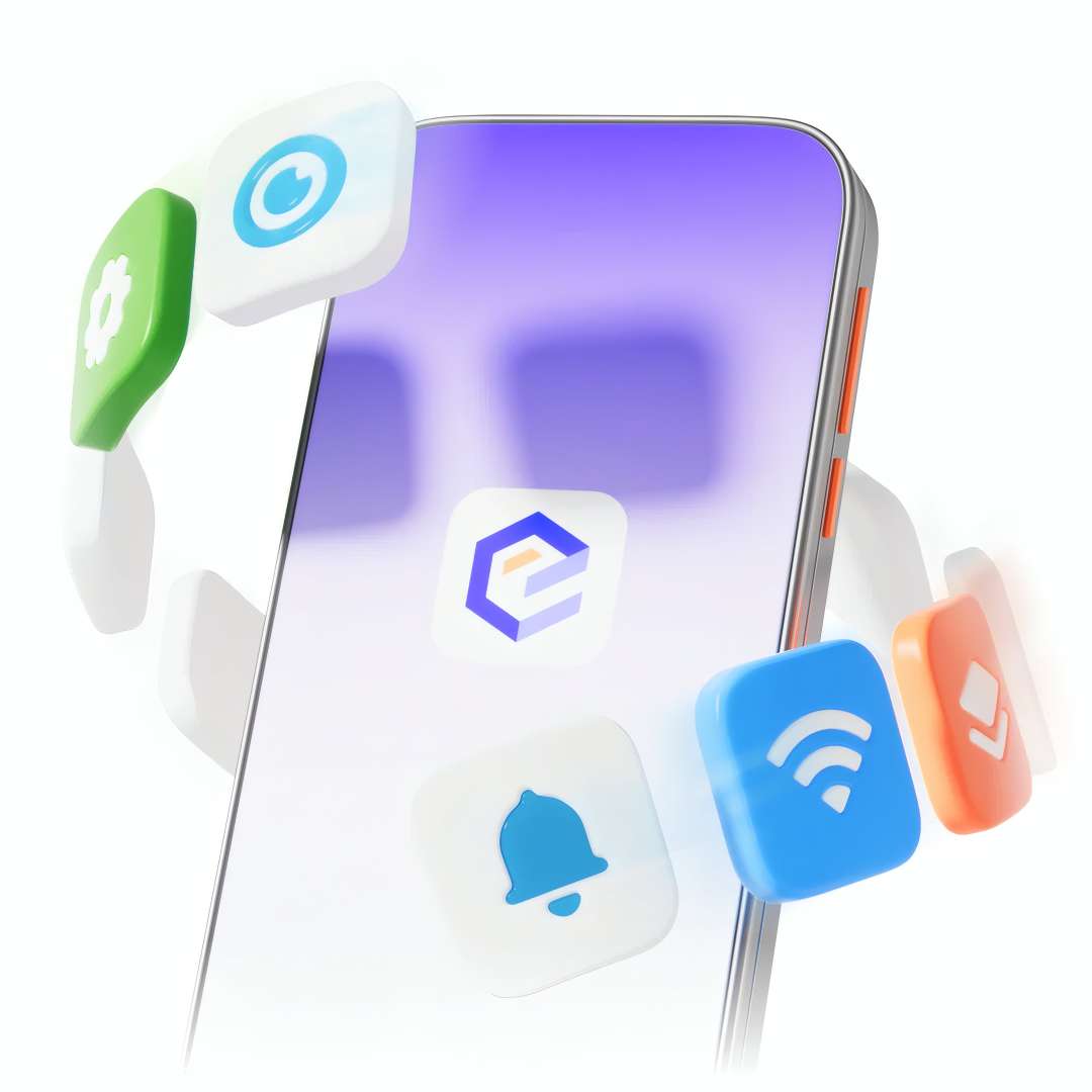 Pantalla de smartphone con el icono de la aplicación y los pictogramas de ajustes, cámara, avisos y Wi-Fi