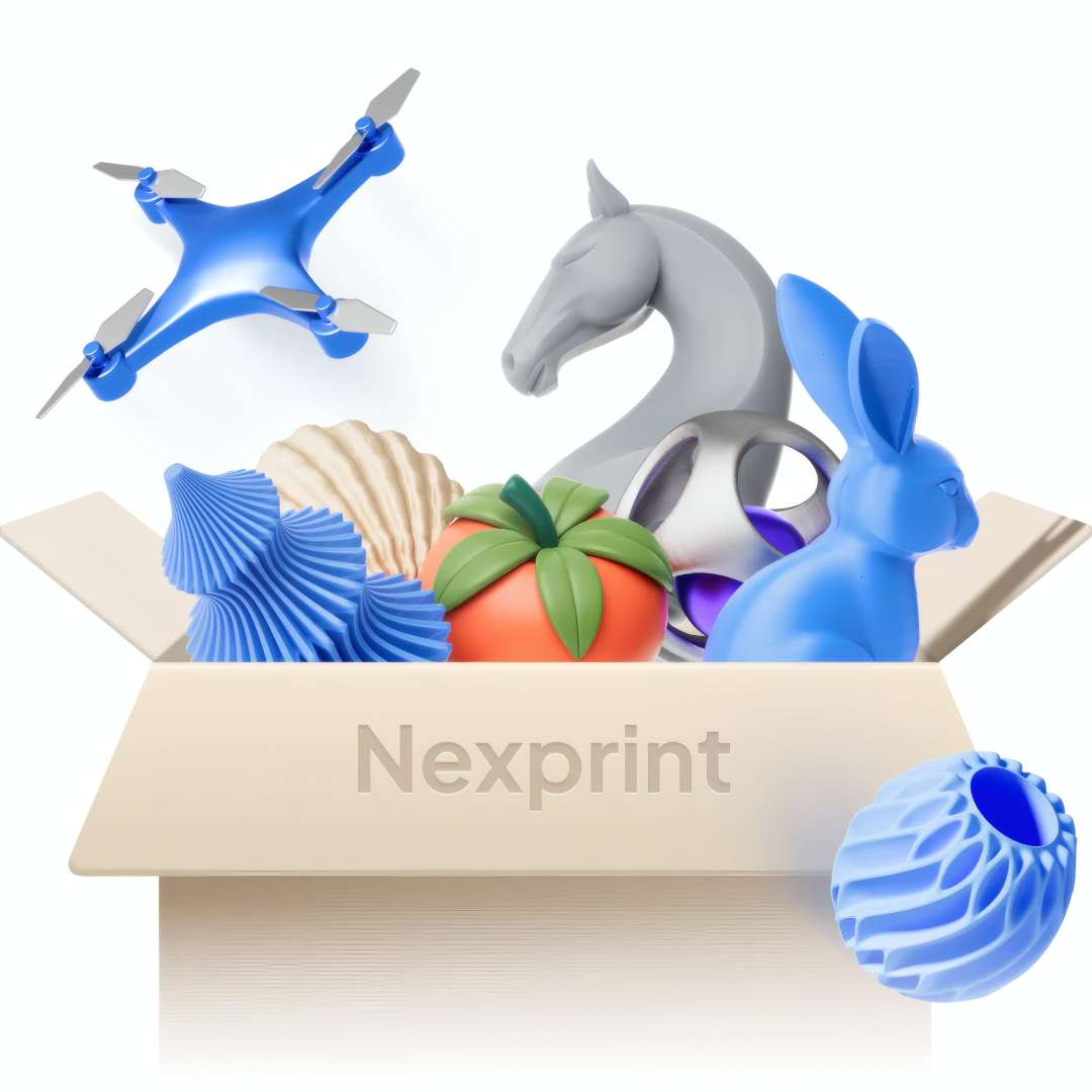 Conjunto de modelos impresos: un dron, un caballo de ajedrez, un conejo, una concha y un jarrón alrededor de la caja de Nexprint