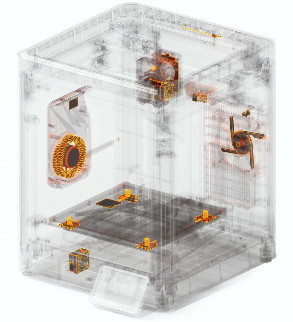 Corte transversal de la carcasa de la impresora 3D con ventiladores de enfriamiento, motores, mesa y cableado visibles