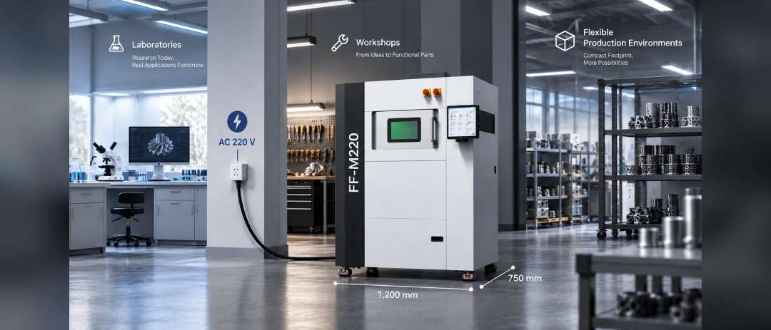 Carcasa de la impresora SLM FastForm FF-M220H con dos puertas y pantalla táctil en un entorno de producción