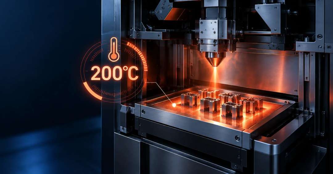 Fusión láser de piezas metálicas sobre una placa base con indicador gráfico de temperatura de 200 °C