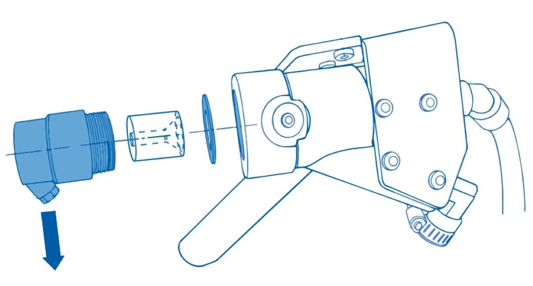 Diagrama de despiece que muestra el orden de montaje del soporte de boquilla, boquilla y arandela de la pistola Fuse Blast para el sistema de pulido