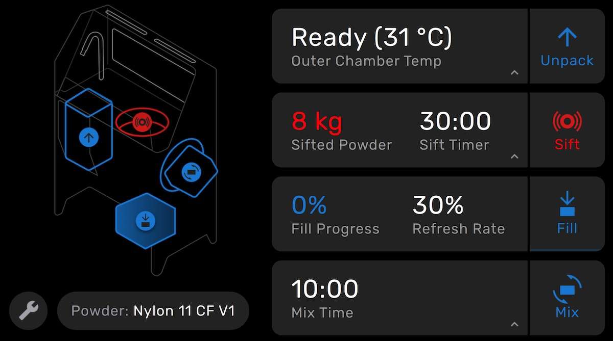 Pantalla de inicio del Fuse Sift mostrando estado Ready, 8 kg de polvo tamizado, tasa de actualización 30%, progreso de llenado 0% y tiempo de mezcla 10:00 — perfil de polvo Nylon 11 CF V1 activo
