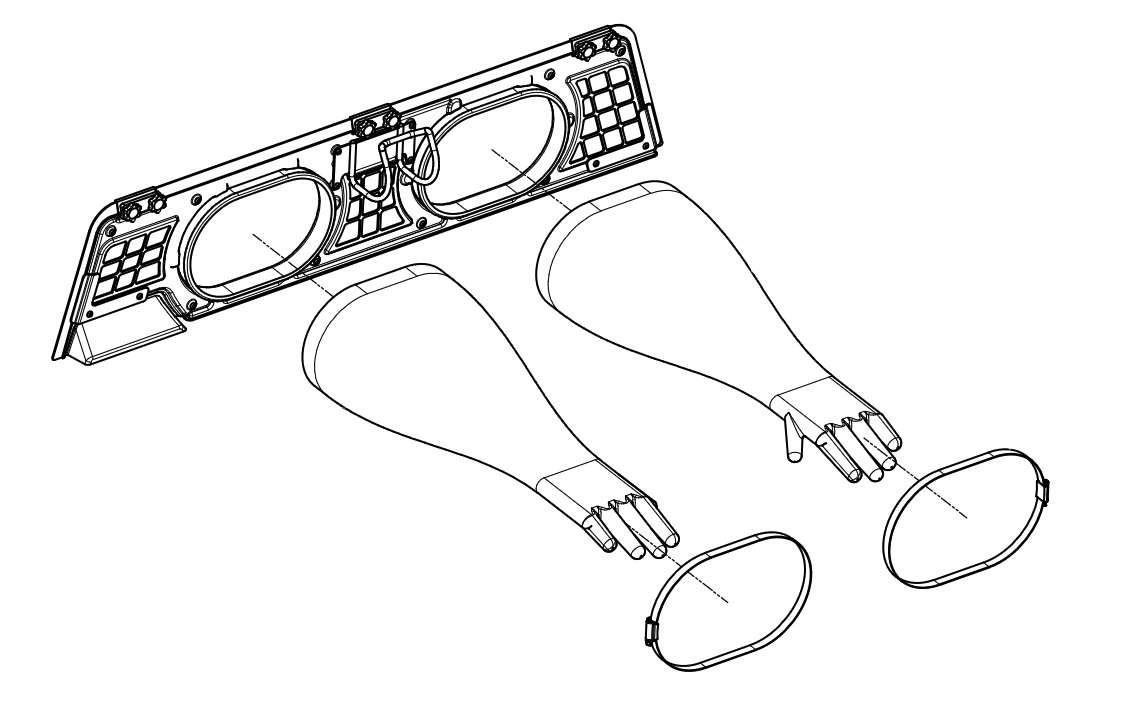 Dibujo técnico en vista explosionada del Panel Glovebox del Fuse Sift mostrando ambos guantes desmontados con abrazaderas de manguera para el procedimiento de sustitución