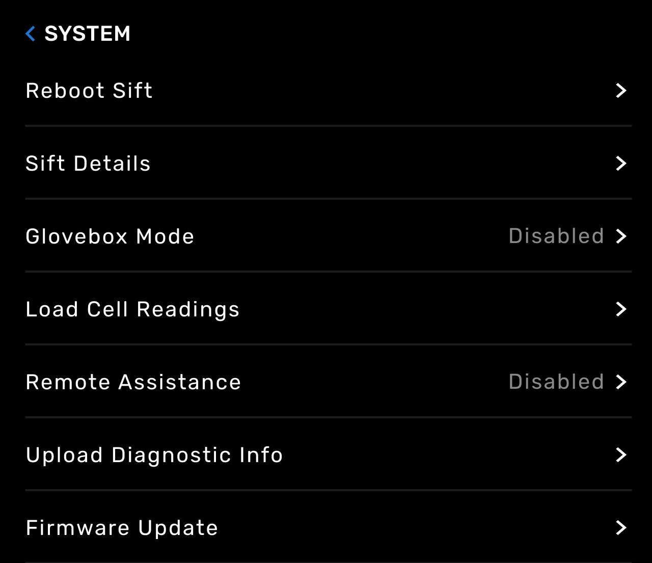 Menú Sistema de la pantalla táctil del Fuse Sift mostrando la opción Modo Glovebox con estado Desactivado, listo para activar