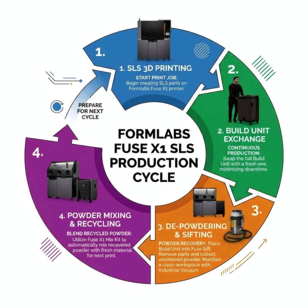Circular diagram of the Fuse X1 production cycle: printing, build unit replacement, depowdering and powder recycling