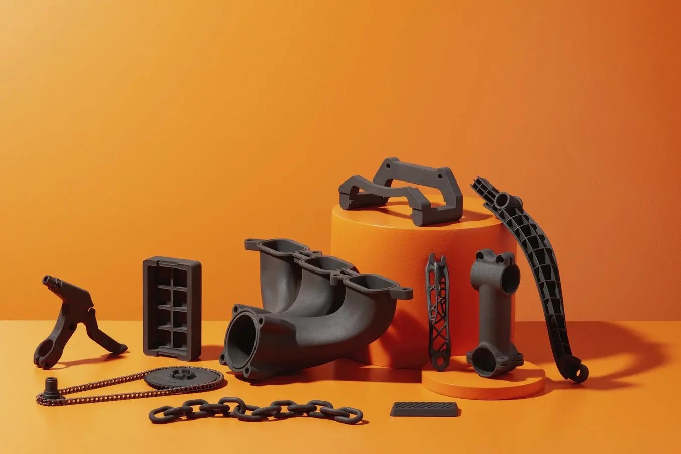 Colección de piezas SLS en Formlabs Nylon 11 CF: colector de admisión, cadenas, soportes estructurales, estructura de celosía y cuerpo de herramienta sobre fondo naranja